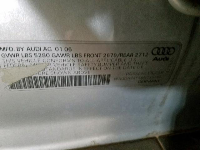 WAUDH74F46N136884 - 2006 AUDI A6 3.2 QUA SILVER photo 10