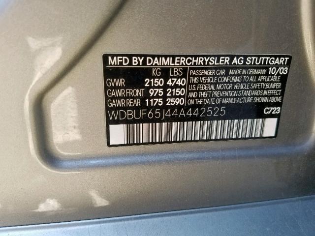 WDBUF65J44A442525 - 2004 MERCEDES-BENZ E 320 GRAY photo 10