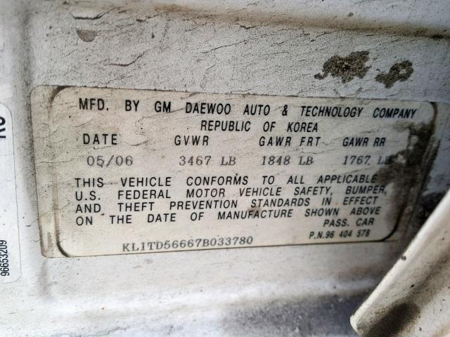 KL1TD56667B033780 - 2007 CHEVROLET AVEO BASE თეთრი ფოტო 10