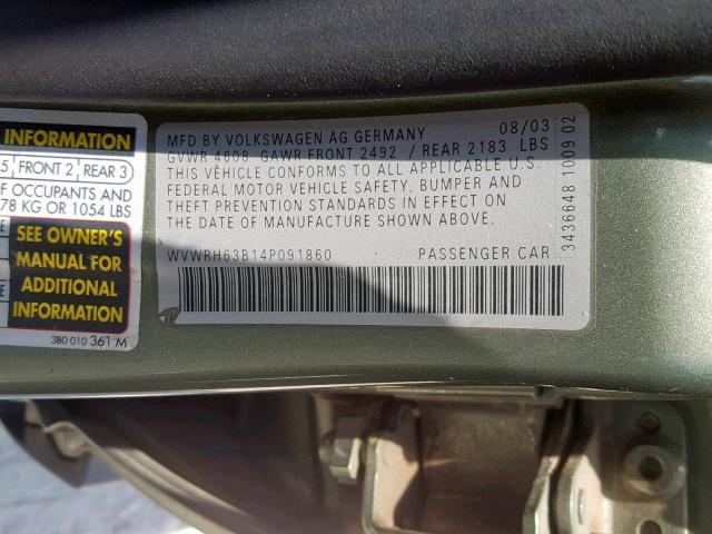 WVWRH63B14P091860 - 2004 VOLKSWAGEN PASSAT GLX 绿色 照片 10