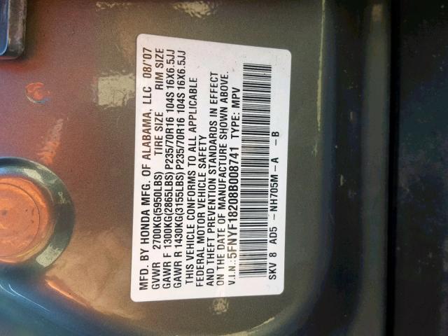 5FNYF18208B008741 - 2008 HONDA PILOT VP GRAY photo 10