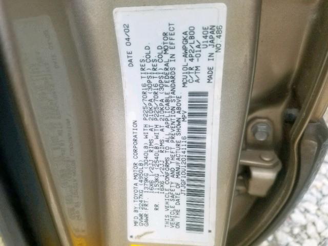 JTJGF10U120141116 - 2002 LEXUS RX 300 TAN photo 10