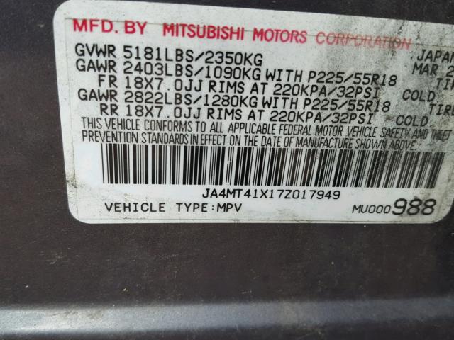 JA4MT41X17Z017949 - 2007 MITSUBISHI OUTLANDER GRAY photo 10