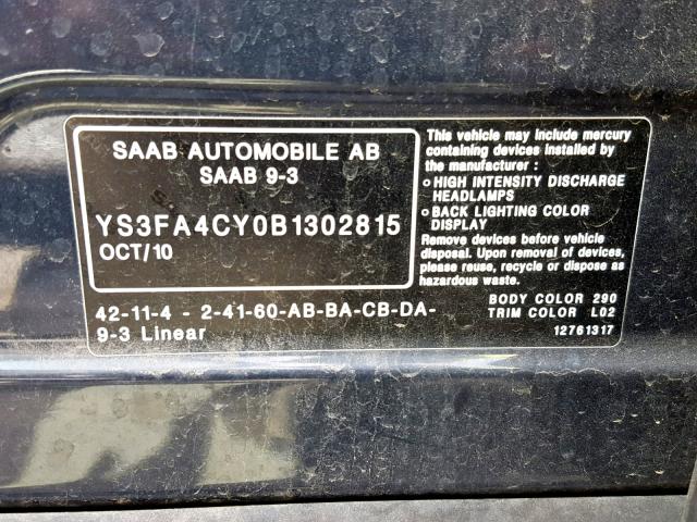 YS3FA4CY0B1302815 - 2011 SAAB 9-3 2.0T BLUE photo 10