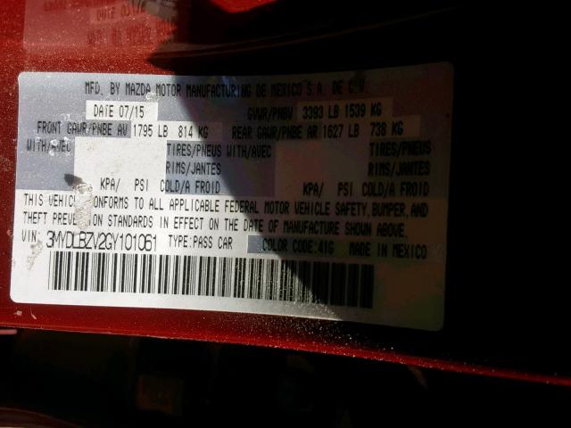 3MYDLBZV2GY101061 - 2016 TOYOTA SCION IA RED photo 10