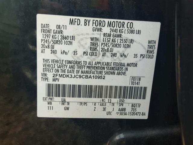 2FMDK3JC9CBA10952 - 2012 FORD EDGE SEL BLACK photo 10