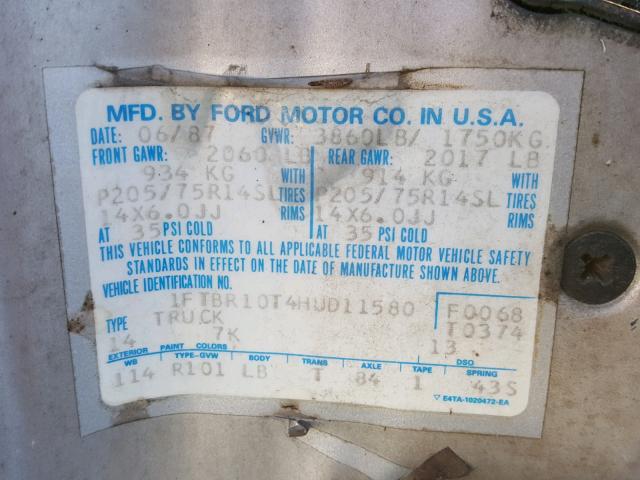 1FTBR10T4HUD11580 - 1987 FORD RANGER SILVER photo 10