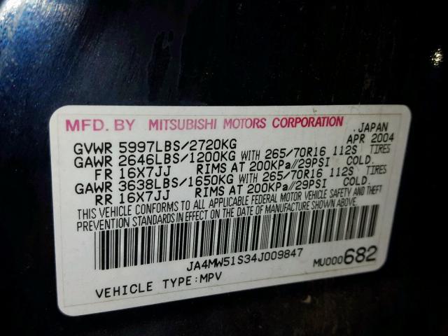 JA4MW51S34J009847 - 2004 MITSUBISHI MONTERO LI BLUE photo 10