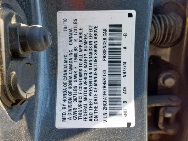 2HGFA1F62BH520130 - 2011 HONDA CIVIC LX-S Մոխրագույն լուսանկար 10