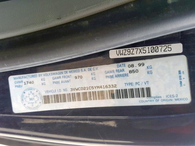 3VWCD21C5YM416332 - 2000 VOLKSWAGEN NEW BEETLE BLUE photo 10