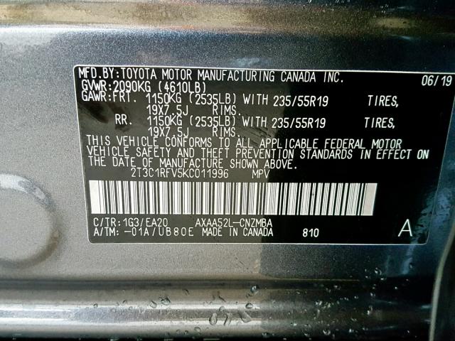 2T3C1RFV5KC011996 - 2019 TOYOTA RAV4 XLE P CHARCOAL photo 10