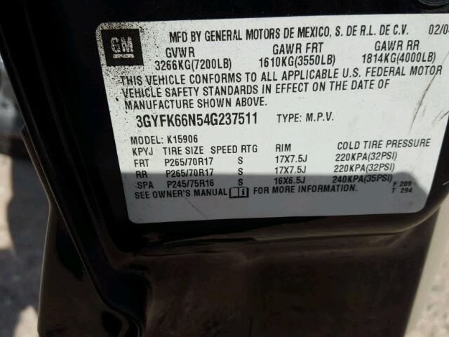 3GYFK66N54G237511 - 2004 CADILLAC ESCALADE E BLACK photo 10