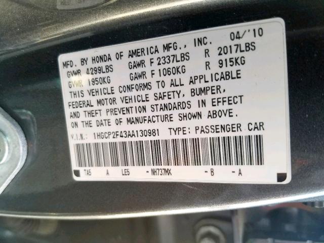 1HGCP2F43AA130981 - 2010 HONDA ACCORD LXP GRAY photo 10