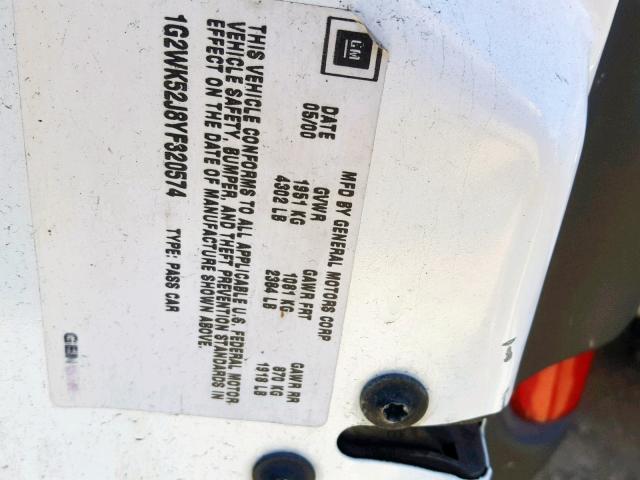 1G2WK52J8YF320574 - 2000 PONTIAC GRAND PRIX WHITE photo 10