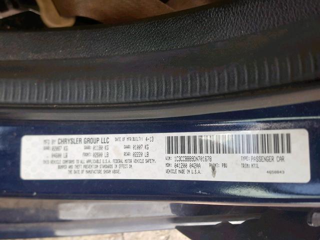 1C3CCBBB9DN701678 - 2013 CHRYSLER 200 TOURIN BLUE photo 10