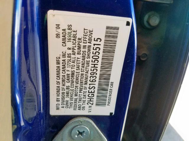 2HGES16395H505515 - 2005 HONDA CIVIC DX V BLUE photo 10