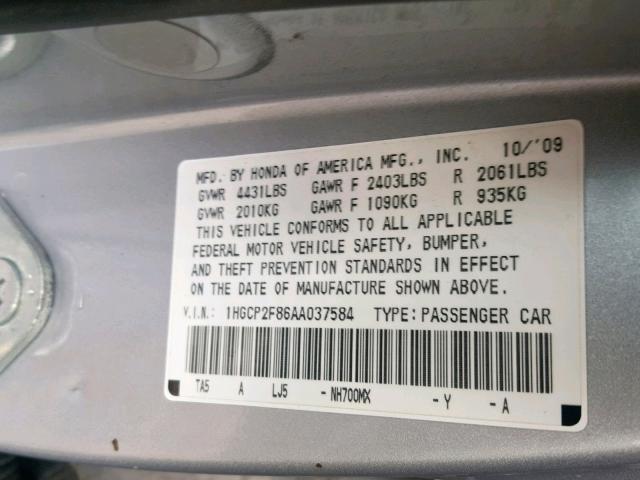 1HGCP2F86AA037584 - 2010 HONDA ACCORD EXL SILVER photo 10