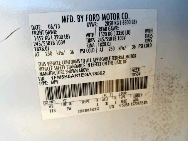 1FM5K8AR1EGA18562 - 2014 FORD EXPLORER P WHITE photo 10