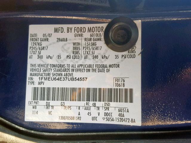 1FMEU64E37UB54557 - 2007 FORD EXPLORER E BLUE photo 10