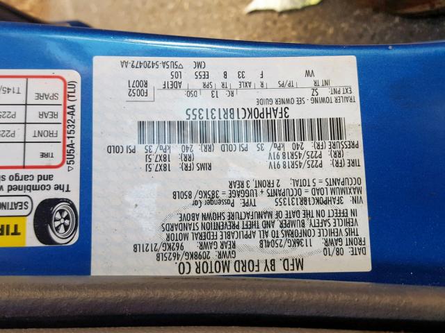 3FAHP0KC1BR131355 - 2011 FORD FUSION SPO BLUE photo 10