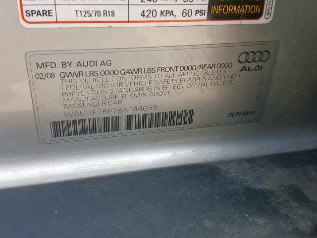 WAUHF78P78A144059 - 2008 AUDI A3 2.0 SILVER photo 10