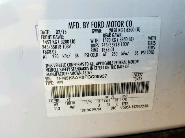 1FM5K8AR8FGC08957 - 2015 FORD EXPLORER P WHITE photo 10