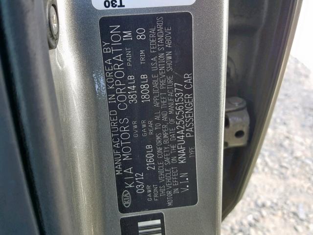 KNAFU4A25C5615377 - 2012 KIA FORTE EX GOLD photo 10