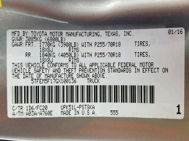 5TFEM5F17GX100136 - 2016 TOYOTA TUNDRA CRE SILVER photo 10