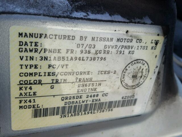 3N1AB51A94L738796 - 2004 NISSAN SENTRA 2.5 SILVER photo 10