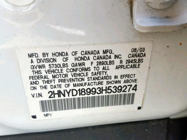 2HNYD18993H539274 - 2003 ACURA MDX TOURIN WHITE photo 10