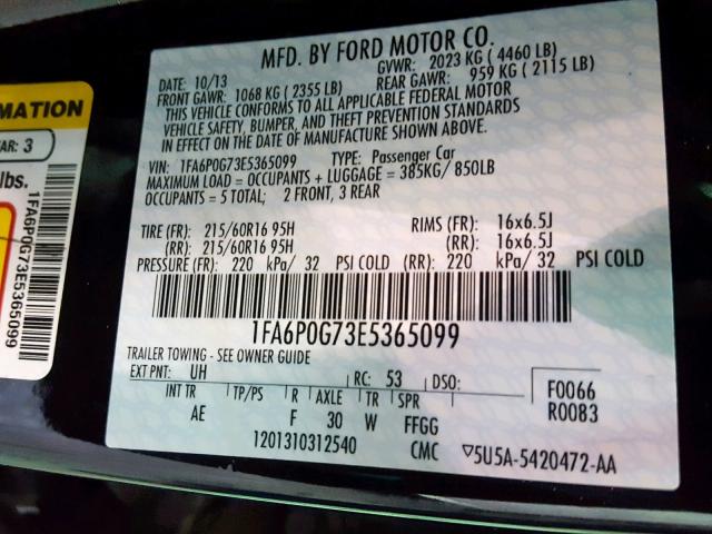 1FA6P0G73E5365099 - 2014 FORD FUSION S BLACK photo 10