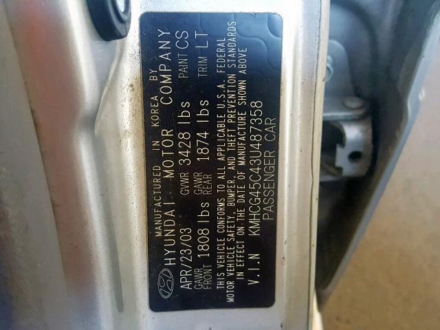 KMHCG45C43U487358 - 2003 HYUNDAI ACCENT GL SILVER photo 10