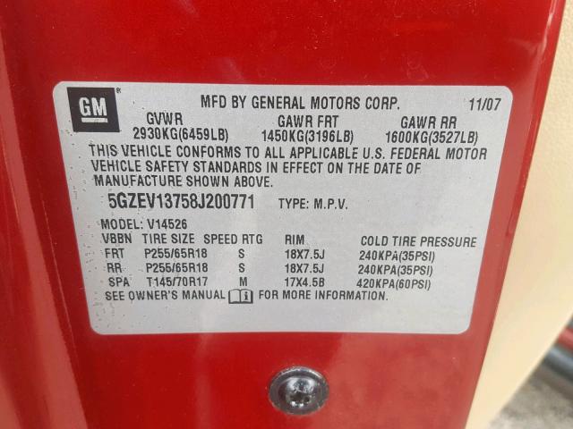 5GZEV13758J200771 - 2008 SATURN OUTLOOK XE RED photo 10