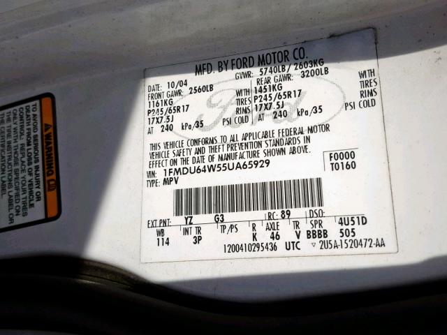 1FMDU64W55UA65929 - 2005 FORD EXPLORER E WHITE photo 10