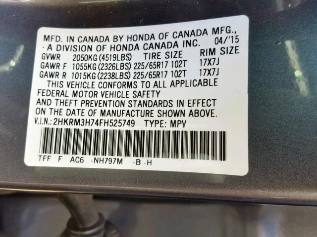 2HKRM3H74FH525749 - 2015 HONDA CR-V EXL CHARCOAL photo 10