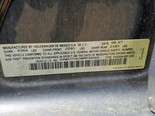 3VWDJ71K38M036066 - 2008 VOLKSWAGEN GLI ნაცრისფერი ფოტო 10