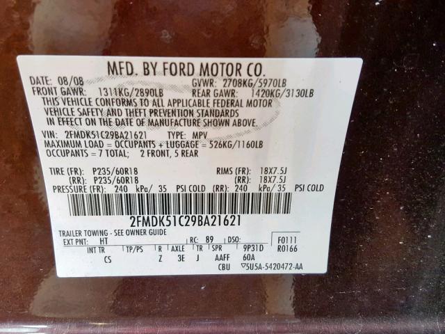 2FMDK51C29BA21621 - 2009 FORD FLEX SE PURPLE photo 10