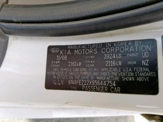 KNAFE222X95644754 - 2009 KIA SPECTRA EX WHITE photo 10