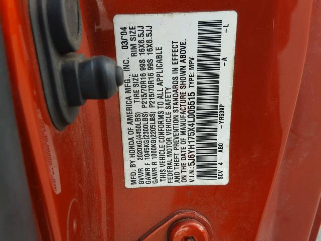 5J6YH175X4L005515 - 2004 HONDA ELEMENT EX ORANGE photo 10