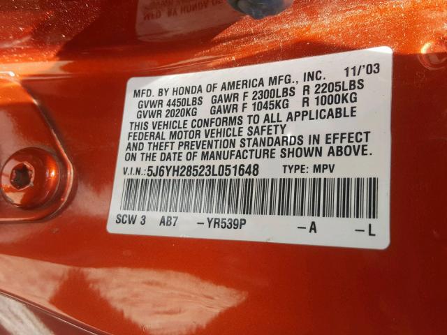 5J6YH28523L051648 - 2003 HONDA ELEMENT EX ORANGE photo 10