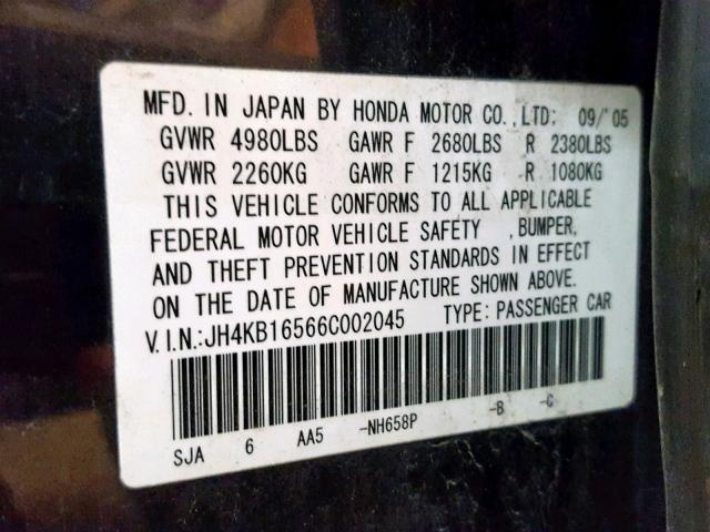 JH4KB16566C002045 - 2006 ACURA RL GRAY photo 10