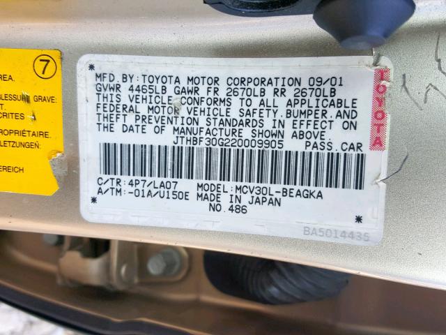 JTHBF30G220009905 - 2002 LEXUS ES 300 TAN photo 10