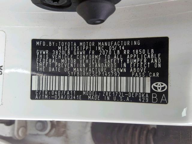 5YFBURHE5EP145792 - 2014 TOYOTA COROLLA L WHITE photo 10