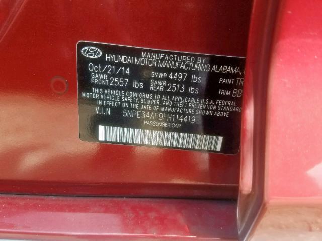 5NPE34AF9FH114419 - 2015 HYUNDAI SONATA SPO RED photo 10