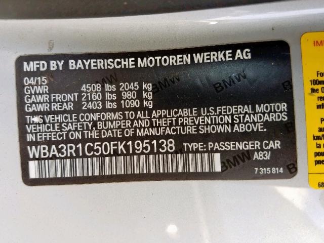 WBA3R1C50FK195138 - 2015 BMW 435 I GRAY photo 10