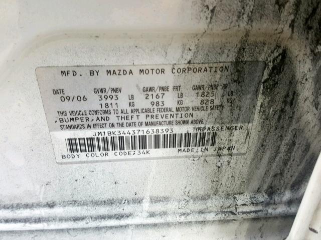 JM1BK344371638393 - 2007 MAZDA 3 HATCHBAC WHITE photo 10