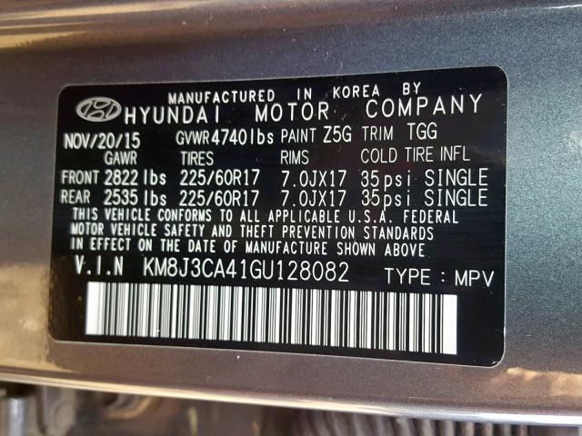 KM8J3CA41GU128082 - 2016 HYUNDAI TUCSON LIM GRAY photo 10