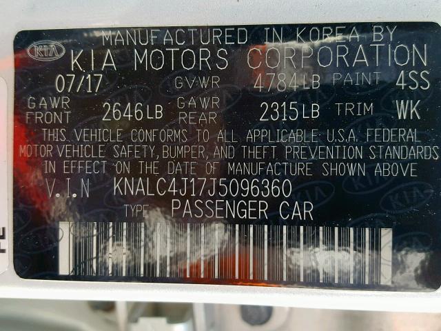 KNALC4J17J5096360 - 2018 KIA CADENZA LU GRAY photo 10