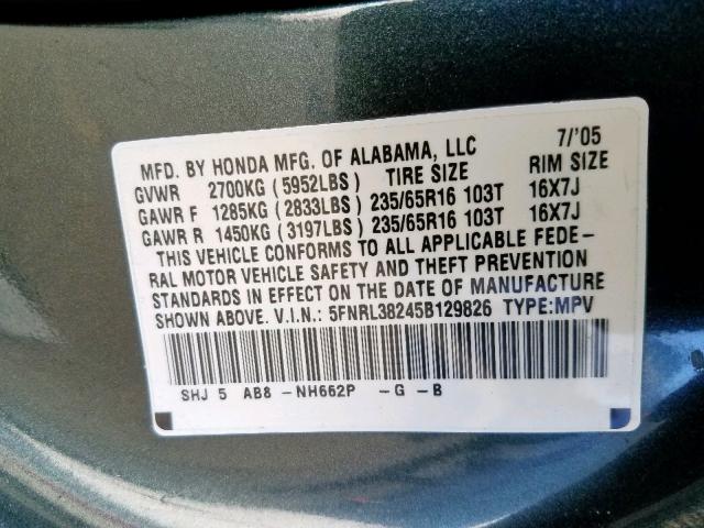 5FNRL38245B129826 - 2005 HONDA ODYSSEY LX GRAY photo 10