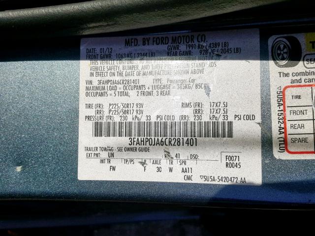 3FAHP0JA6CR281401 - 2012 FORD FUSION SEL GRAY photo 10